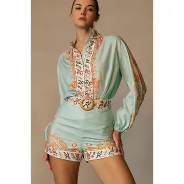 Paisley Boarder Print Boxy Shorts with Accent Belt