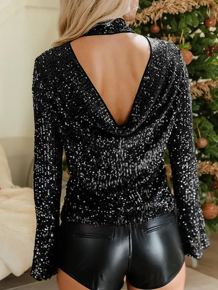 Sequin Mock Neck Drape Open Back Bell Sleeve Top