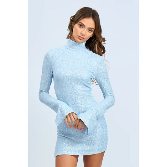 Sequined Long Flare Sleeve Slit Mini Dress