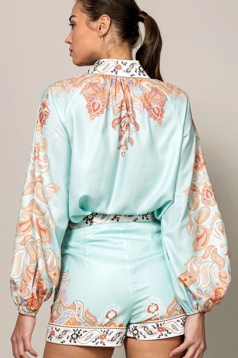 High Neck Button Down Paisley Boarder Print Blouse