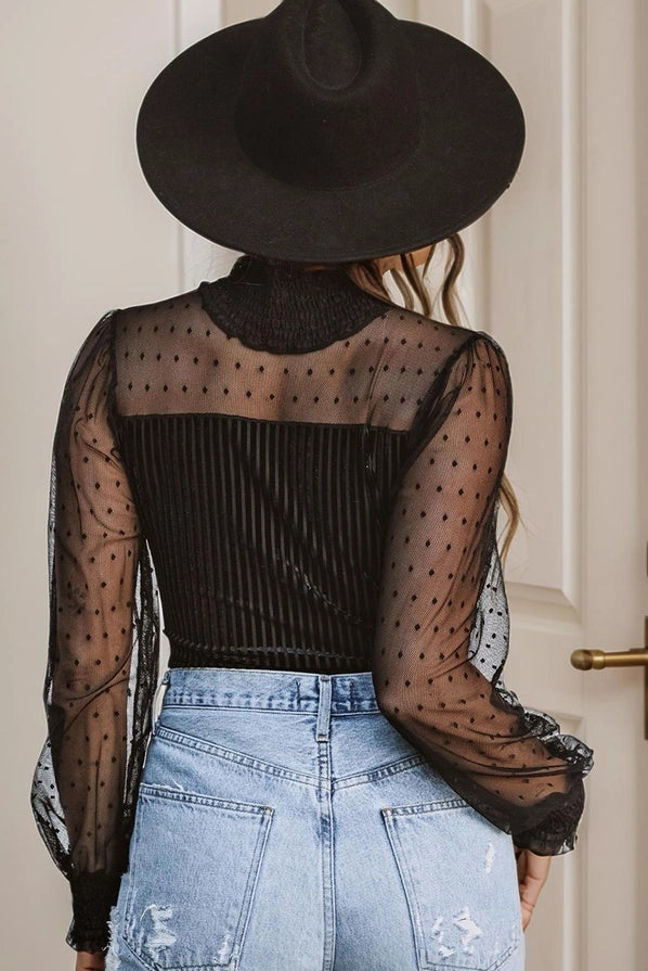 Sheer Dotty Long Sleeve Ribbed Velvet Body Suit