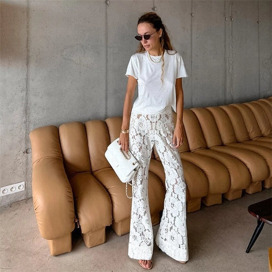 White Sheer Lace Flared Pants