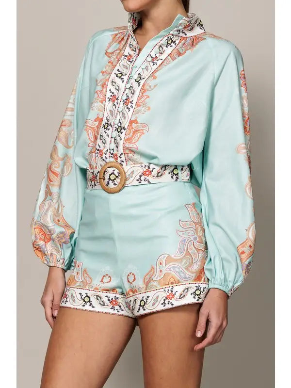 Paisley Boarder Print Boxy Shorts with Accent Belt