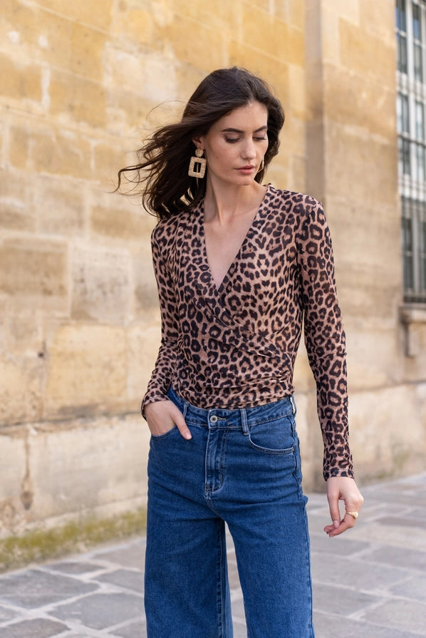 Leopard Mesh Wrap Top