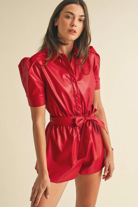 Faux Leather Short Sleeve Romper