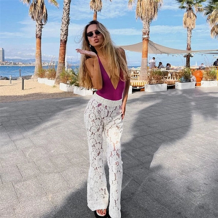 White Sheer Lace Flared Pants