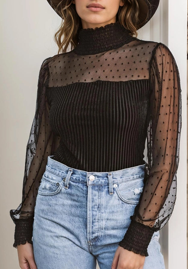 Sheer Dotty Long Sleeve Ribbed Velvet Body Suit