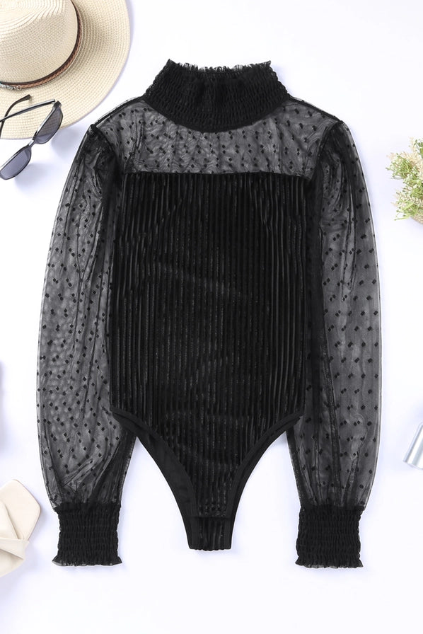 Sheer Dotty Long Sleeve Ribbed Velvet Body Suit