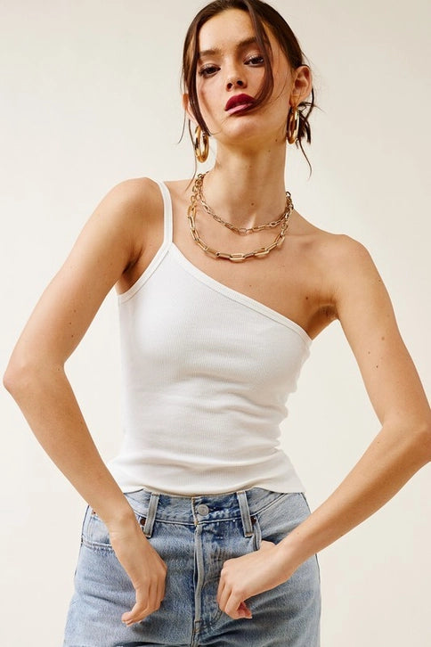 Asymmetrical Neckline Stretch Ribbed One-Shoulder Tank Top