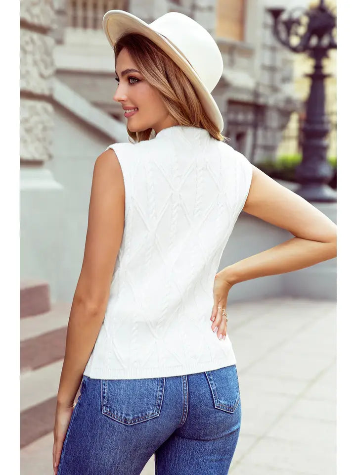Pearled High Neck Textured Knit Sweater Vest