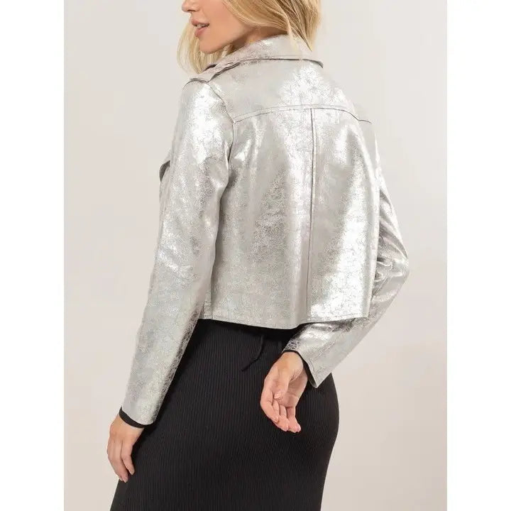 Creased Foil Suede Moto Jacket