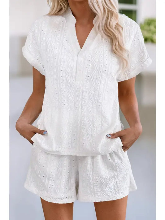 V-Neck Blouse and Pockets Shorts Set