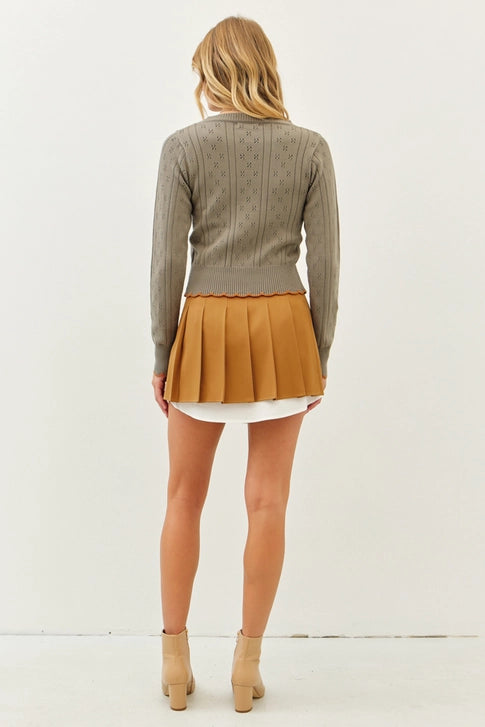 Cute Pointelle Sweater with Contrast Scallop Hem