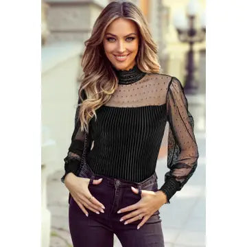 Sheer Dotty Long Sleeve Ribbed Velvet Body Suit
