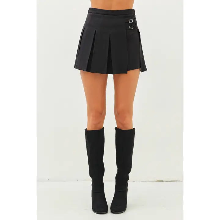 Belted Buckle Micro Mini Pleated Skort