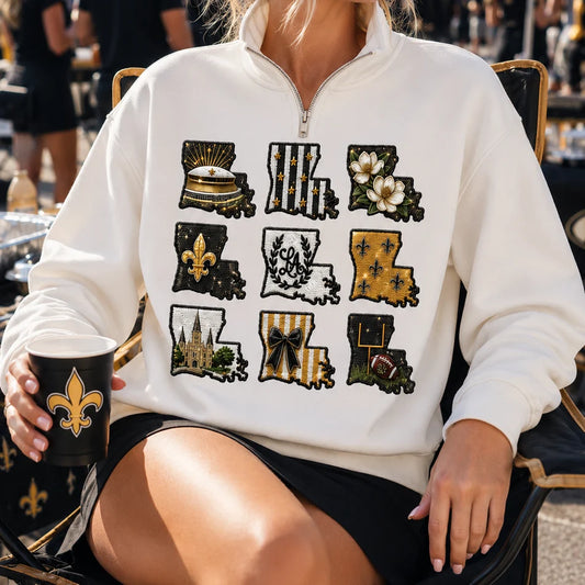 Black & gold Game Day New Orleans Sequin Zip Sweatshirt