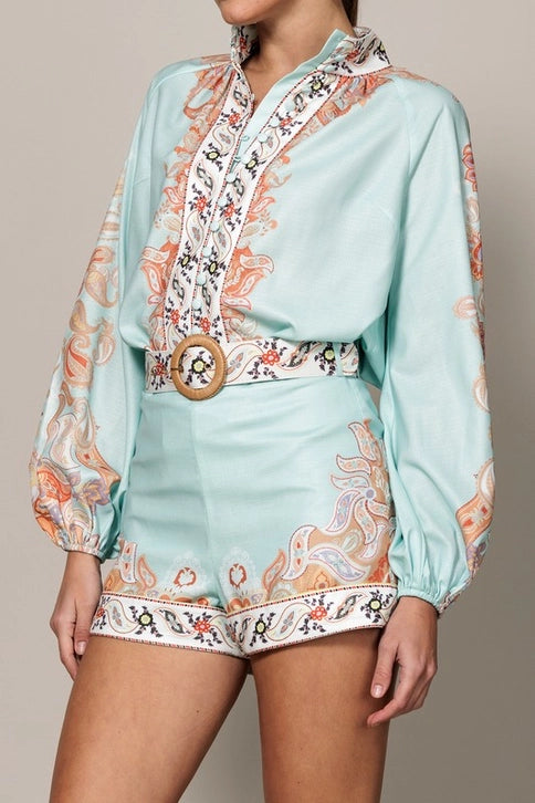 High Neck Button Down Paisley Boarder Print Blouse