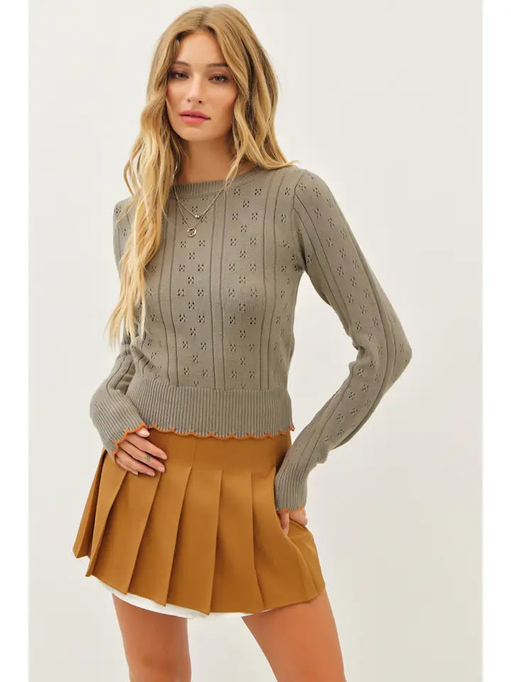 Cute Pointelle Sweater with Contrast Scallop Hem