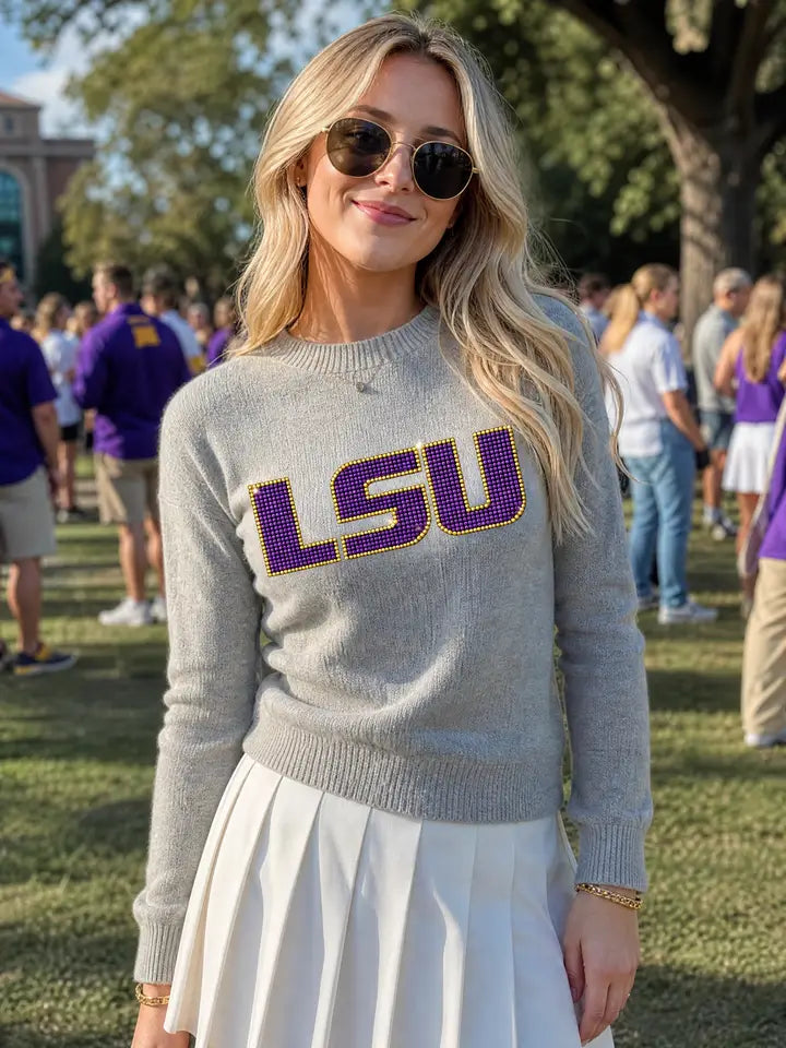 LSU Crystal Letters Gray Crewneck Sweater