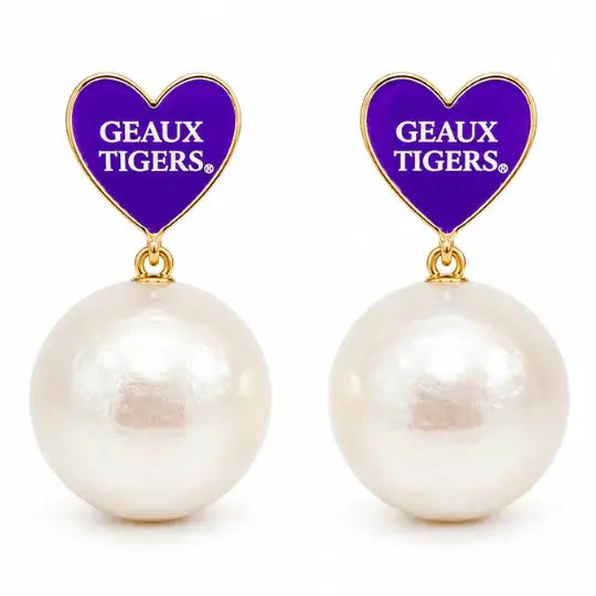 LSU Pearl Heart Drop Earrings