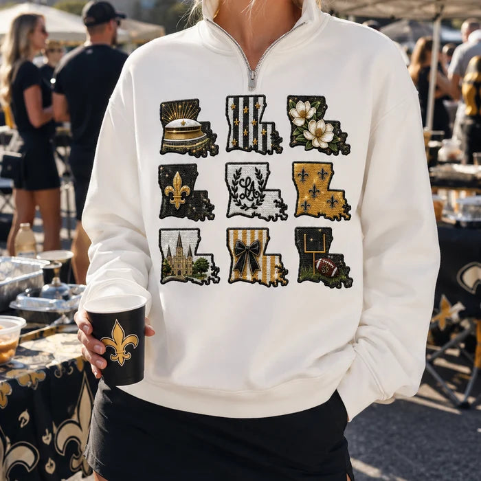 Black & gold Game Day New Orleans Sequin Zip Sweatshirt