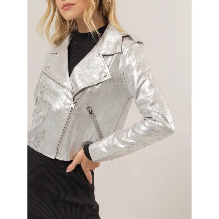 Creased Foil Suede Moto Jacket