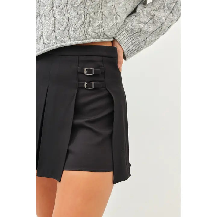 Belted Buckle Micro Mini Pleated Skort