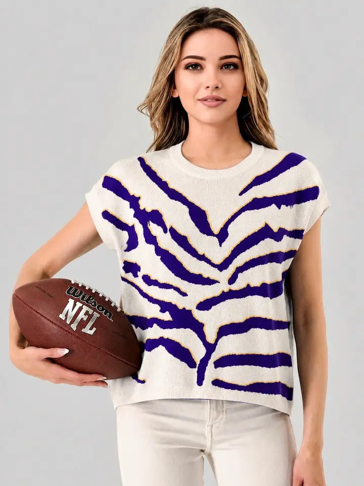 Game Day Purple Gold Tiger Print Knit Vest Top