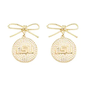 LSU Pearl Bow Medallion Earrings