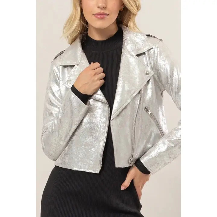 Creased Foil Suede Moto Jacket